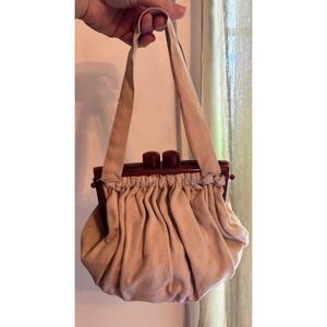 Vintage 1940s Style Tortoiseshell Frame Handbag Beige Linen Pouch Kiss Lock Bag